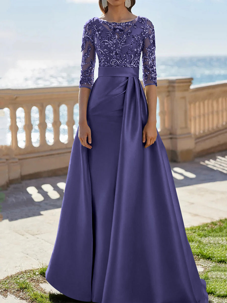 A Line Princess Scoop Satin Evening Dresses Half Sleeves Floor Length Lace Party Dresses
