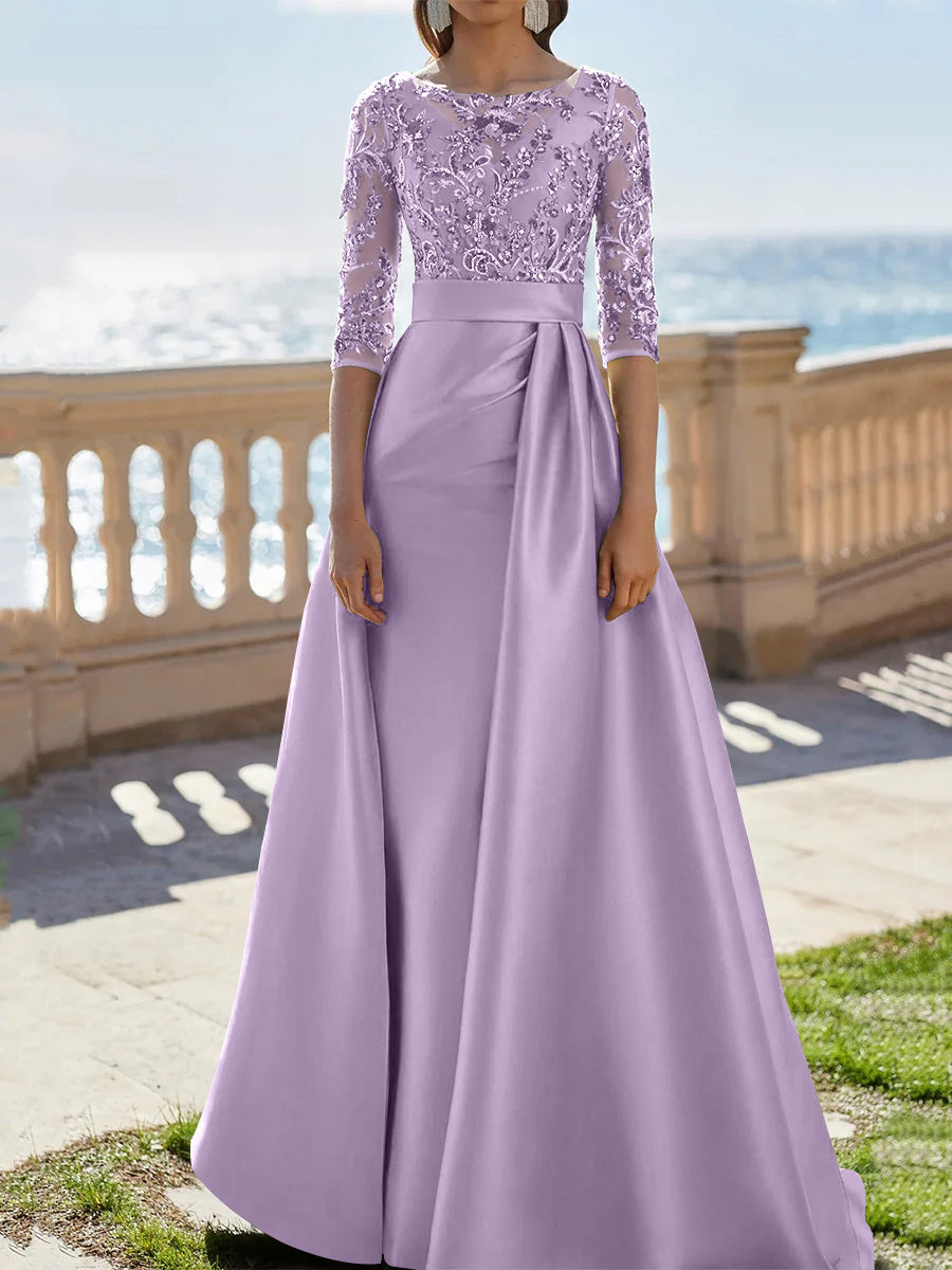 A Line Princess Scoop Satin Evening Dresses Half Sleeves Floor Length Lace Party Dresses