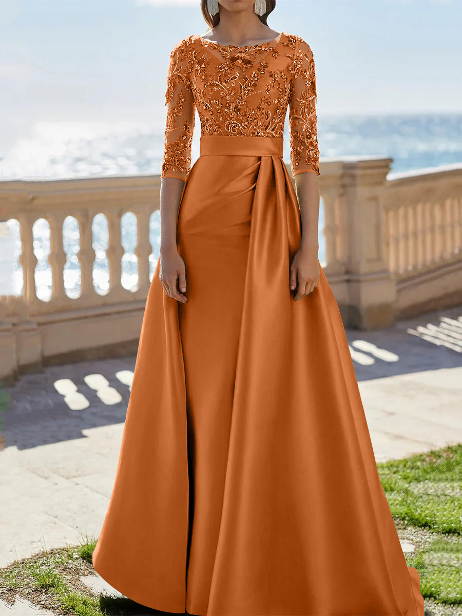 A Line Princess Scoop Satin Evening Dresses Half Sleeves Floor Length Lace Party Dresses