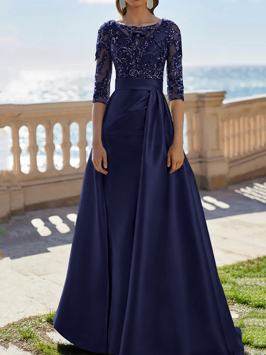 A Line Princess Scoop Satin Evening Dresses Half Sleeves Floor Length Lace Party Dresses