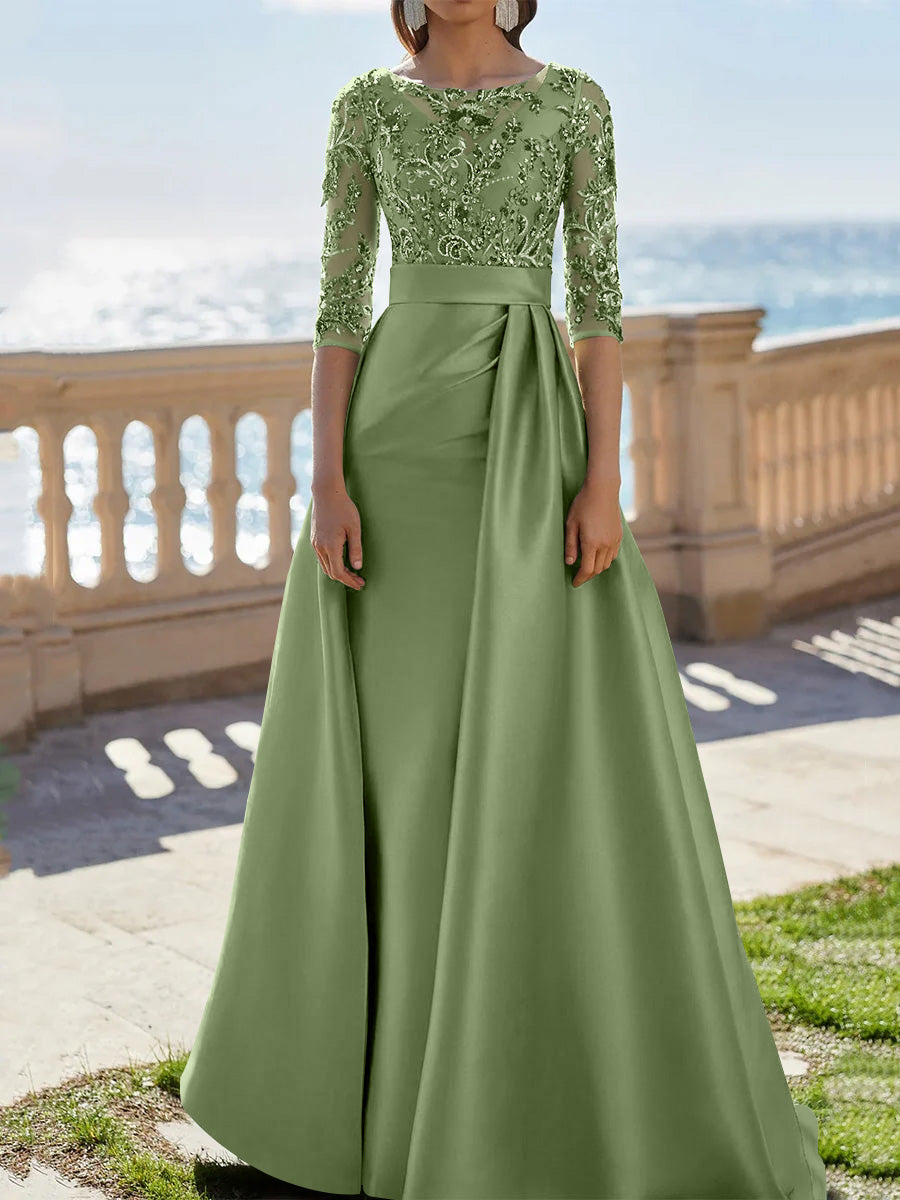 A Line Princess Scoop Satin Evening Dresses Half Sleeves Floor Length Lace Party Dresses