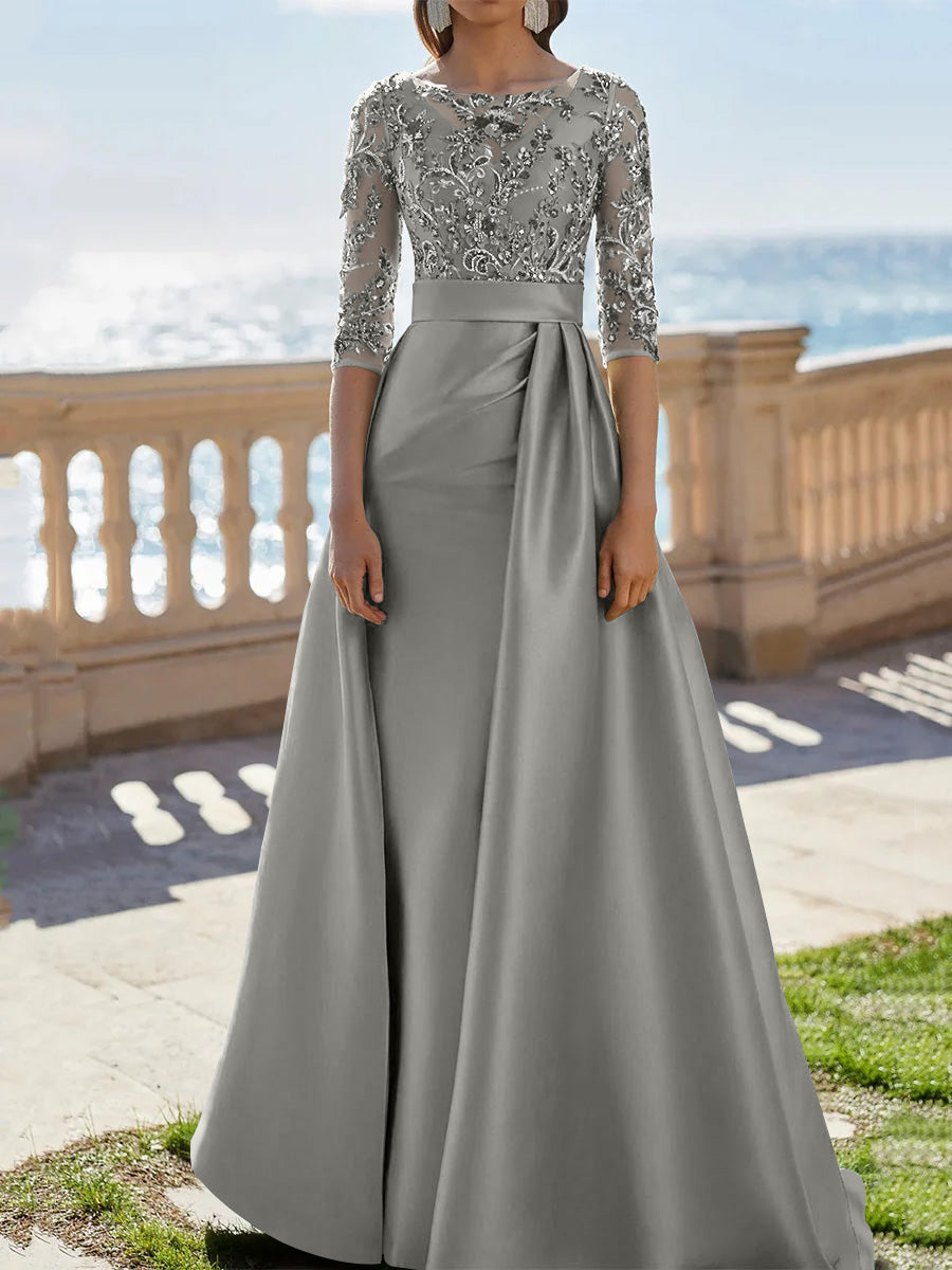 A Line Princess Scoop Satin Evening Dresses Half Sleeves Floor Length Lace Party Dresses