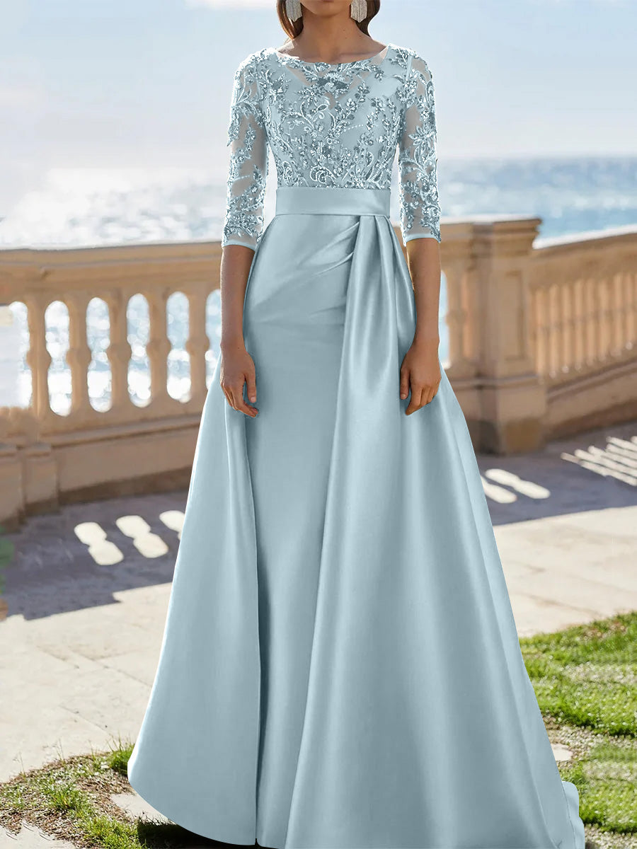 A Line Princess Scoop Satin Evening Dresses Half Sleeves Floor Length Lace Party Dresses