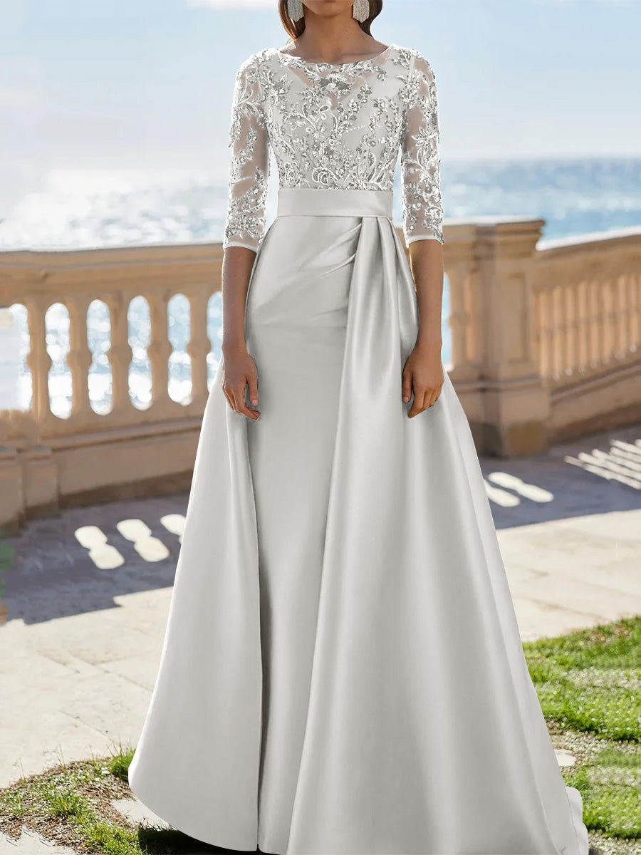 A Line Princess Scoop Satin Evening Dresses Half Sleeves Floor Length Lace Party Dresses