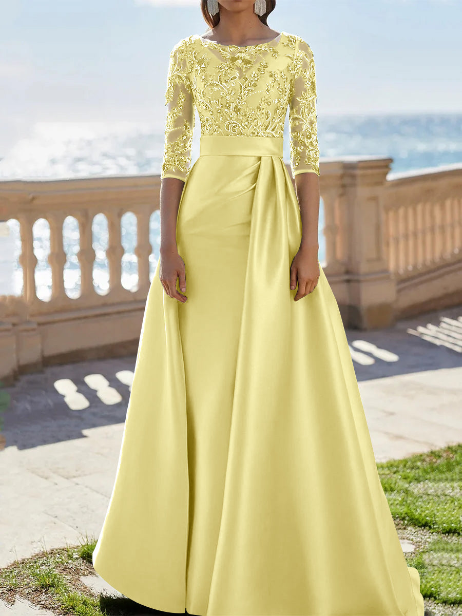 A Line Princess Scoop Satin Evening Dresses Half Sleeves Floor Length Lace Party Dresses