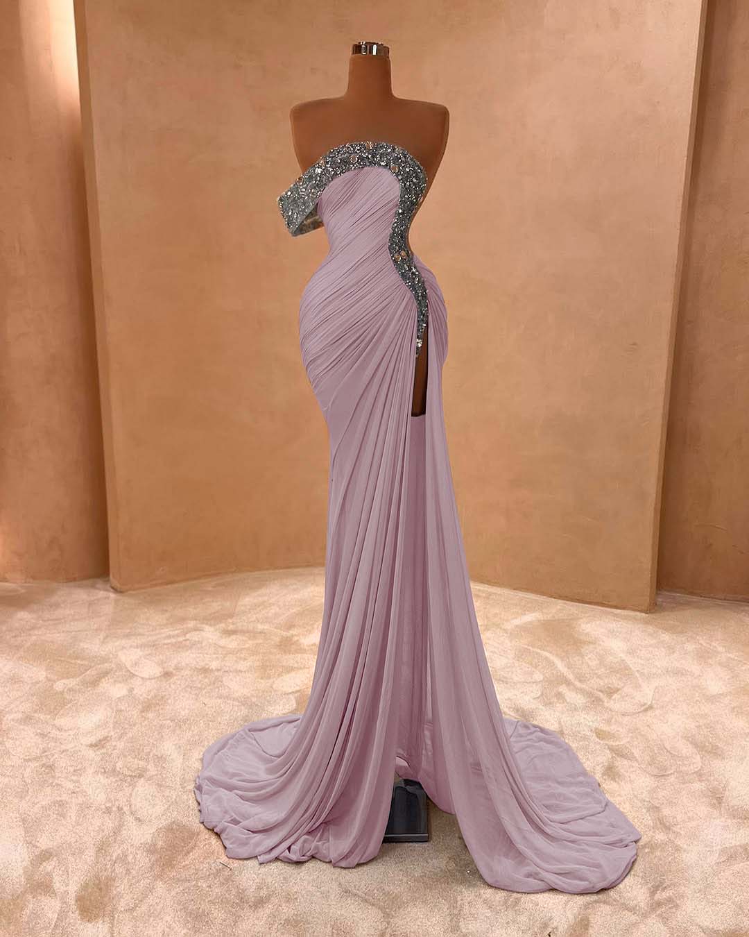 One Shoulder Sleeveless Long Split Formal Dress With Pleated Sequins