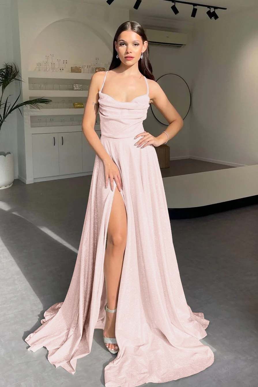Halter Sleeveless Long Split Formal Dress With Pleated Sequins