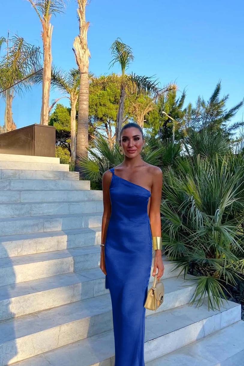 One Shoulder Backless Sleeveless Long Formal Dress With Pleated