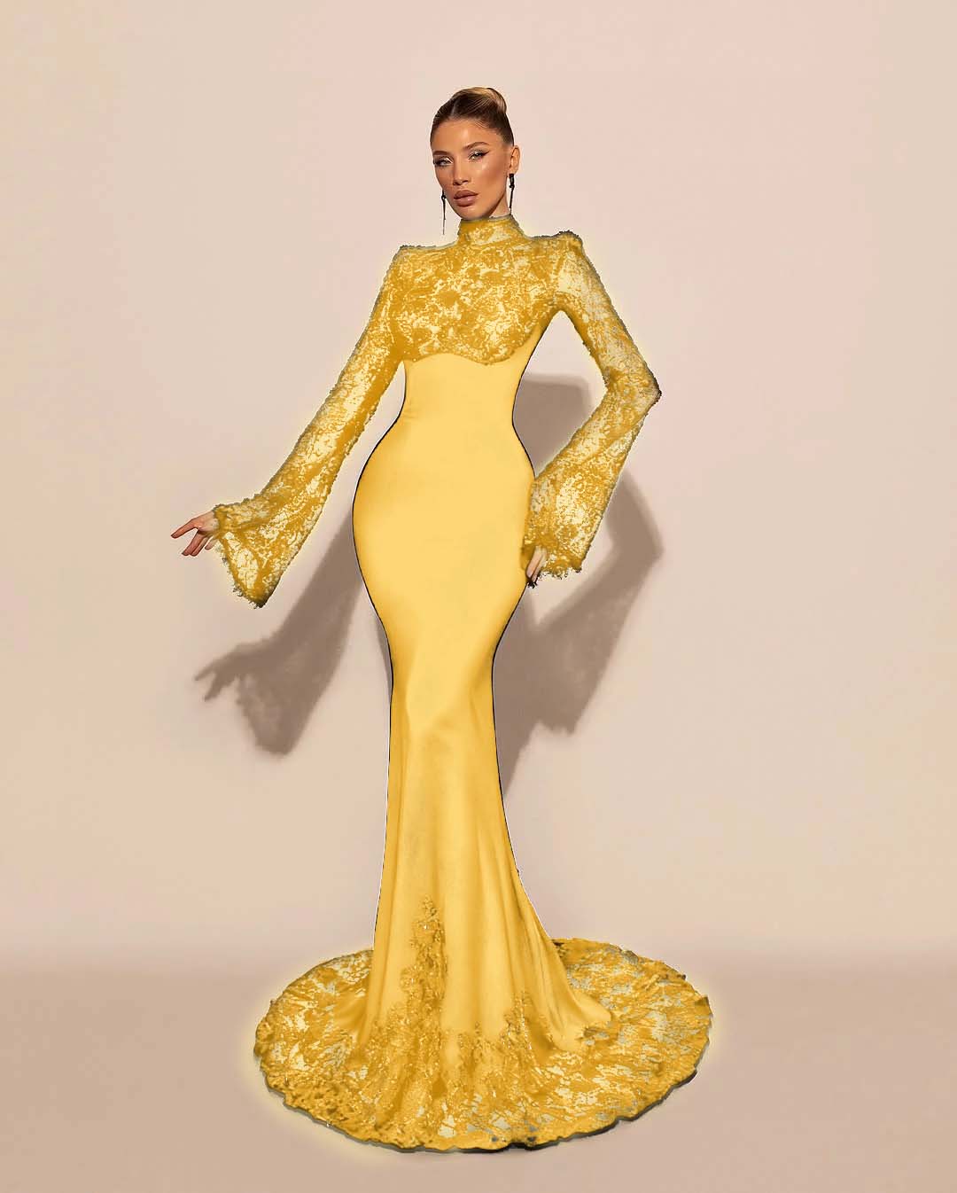 High Neck Lace Long Sleeves Long Mermaid Formal Dress With Pleated