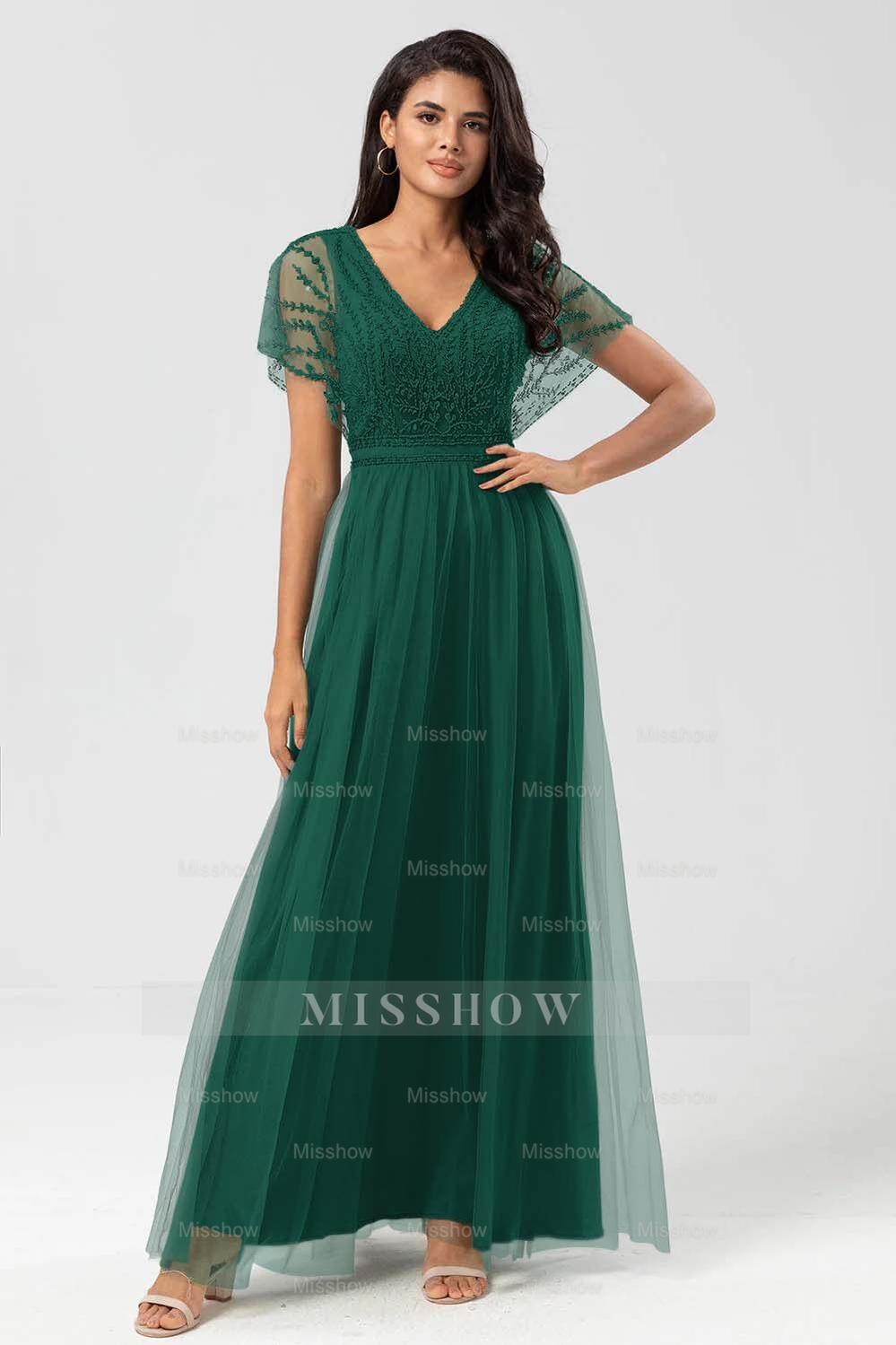 Tulle Short Sleeves V Neck A Line Long Formal Dress With Appliques