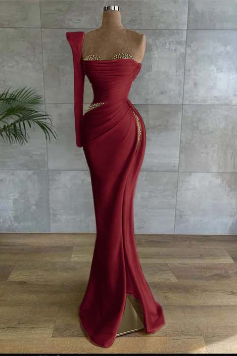 One Shoulder Long Sleeve Long High Split Formal Dress With Beading