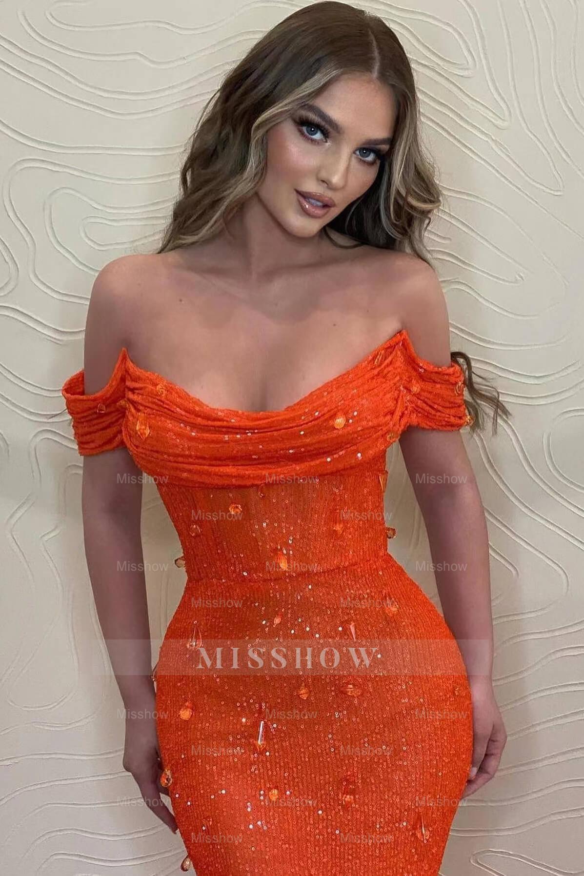 Orange Off the Shoulder Strapless Sleeveless Formal Dress With Sequins Mermaid