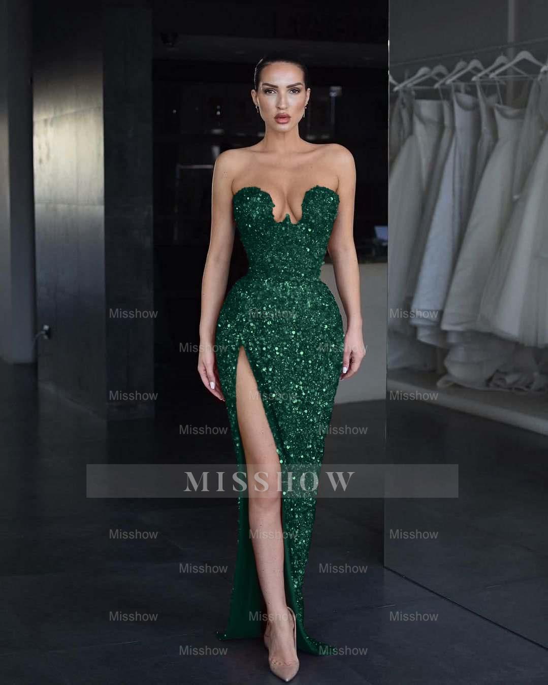 Strapless Sleeveless Long Mermaid Split Formal Dress With Sequins