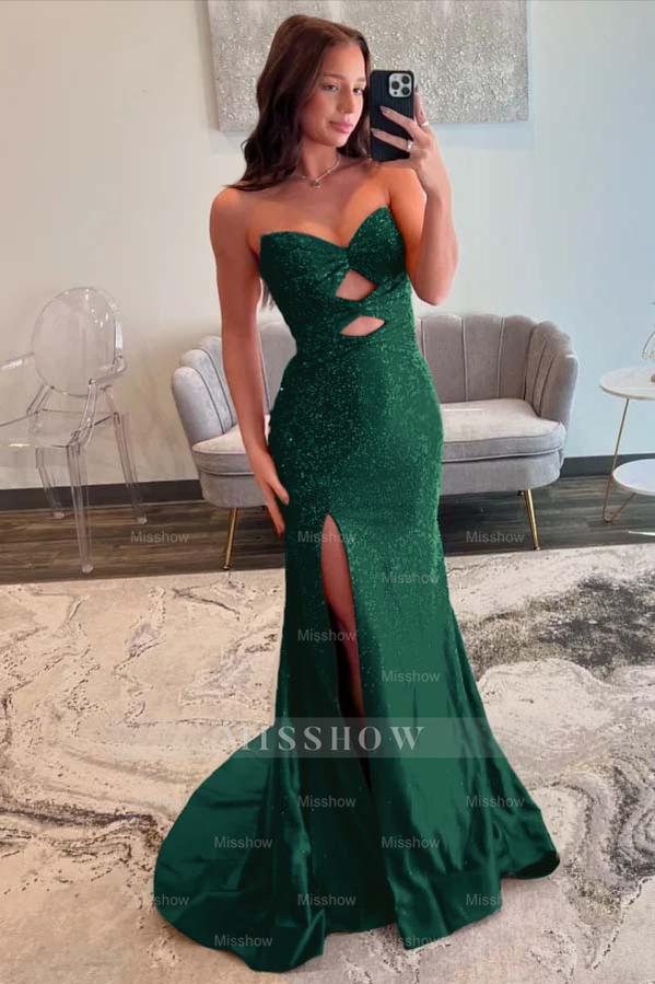 Strapless Sleeveless Mermaid Long Formal Dress With Split Sequins