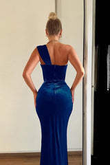 One Shoulder Sleeveless Pleated Mermaid Long Formal Dress With Split