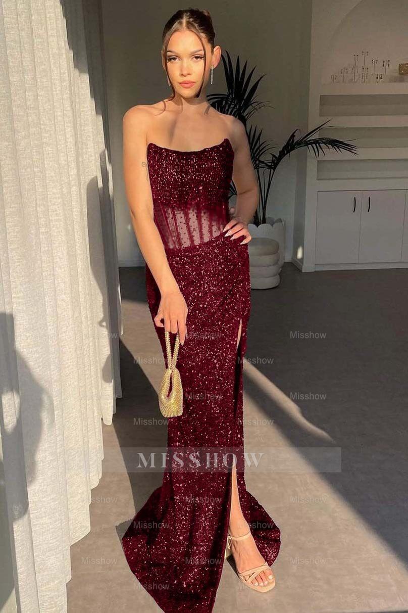 Strapless Sleeveless Mermaid Long Split Formal Dress With Sequins