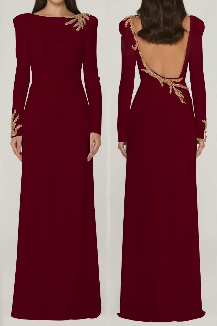 Long Sleeves Long Backless Formal Dress With Appliques Pleated