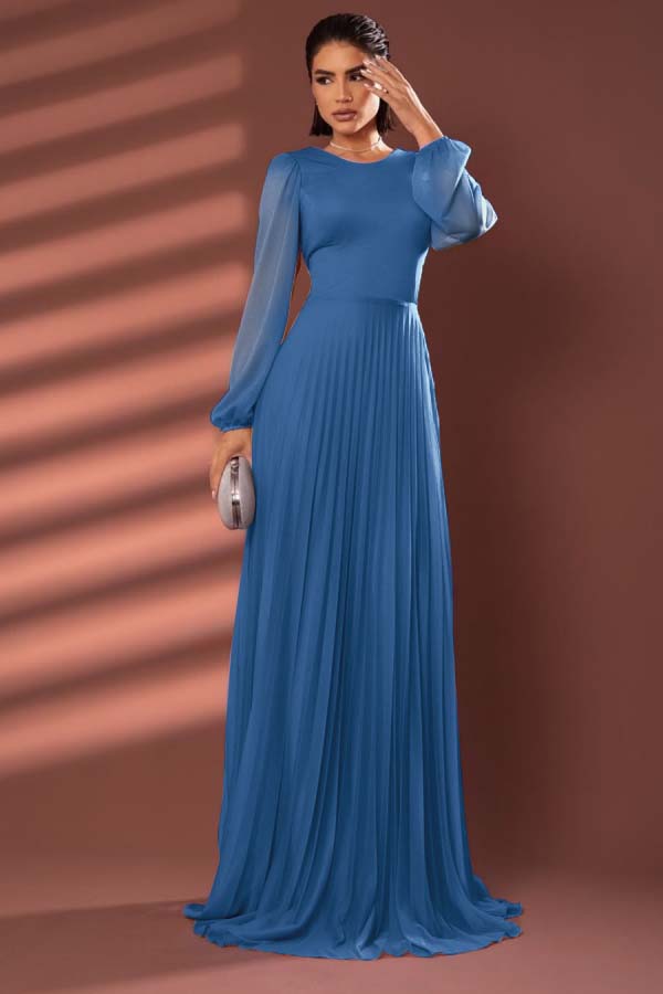 Chiffon Jewel Neck Long Sleeves Long Formal Dress With Pleated