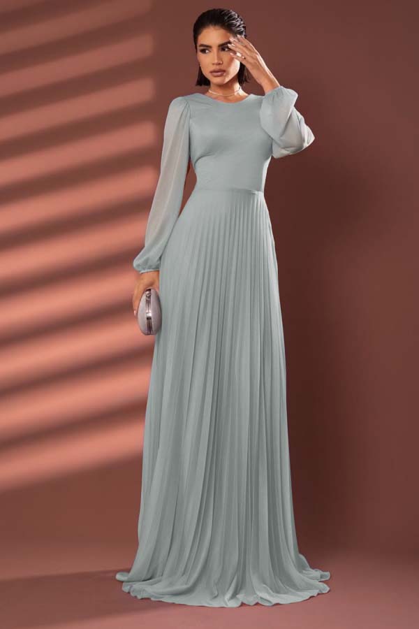 Chiffon Jewel Neck Long Sleeves Long Formal Dress With Pleated