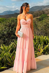 Chic Strapless Sleeveless Long Formal Dress With Pleated Ruffles