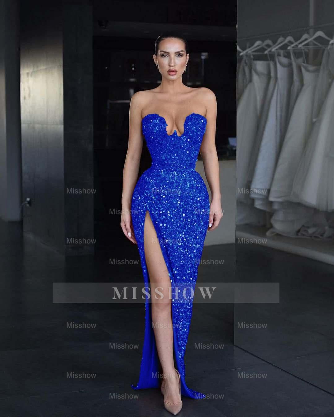 Strapless Sleeveless Long Mermaid Split Formal Dress With Sequins