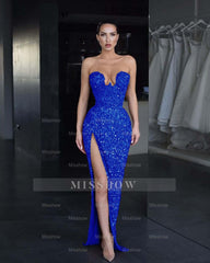 Strapless Sleeveless Long Mermaid Split Formal Dress With Sequins