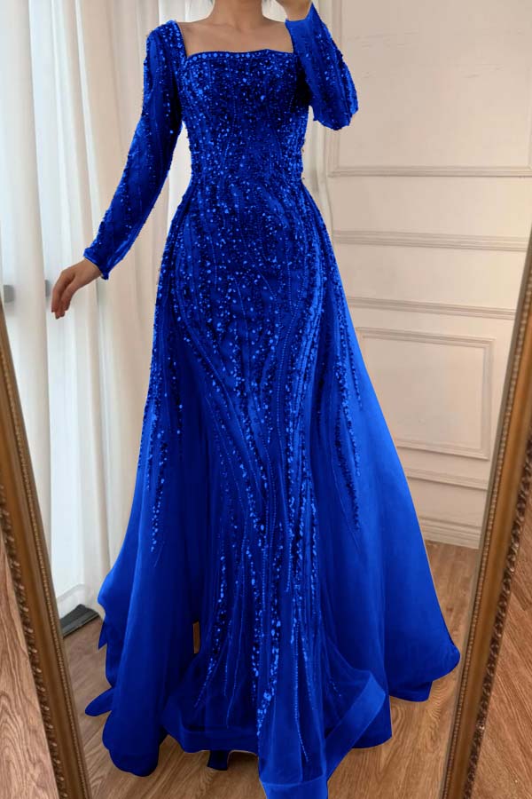 Square Neck Long Sleeves Long Mermaid Formal Dress With Beading Tulle