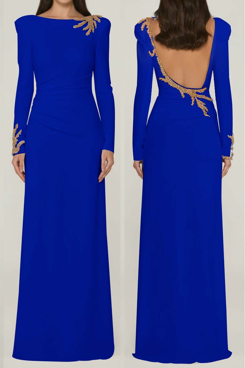 Long Sleeves Long Backless Formal Dress With Appliques Pleated