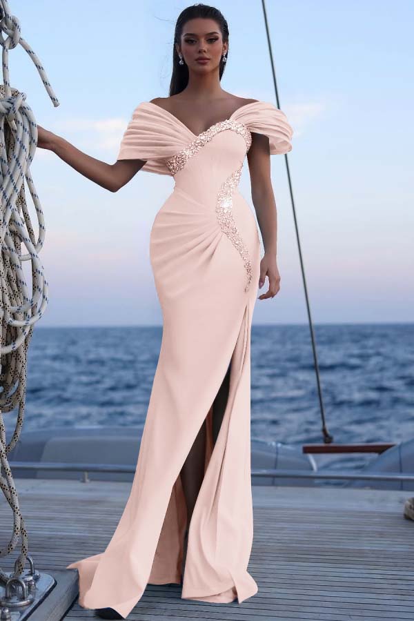 Off the Shoulder Sleeveless Long Mermaid Formal Dress With Sequins