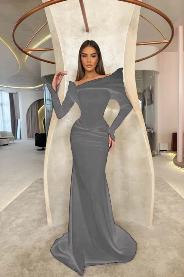 Off the Shoulder Long Sleeves Long Mermaid Formal Dress With Pleated