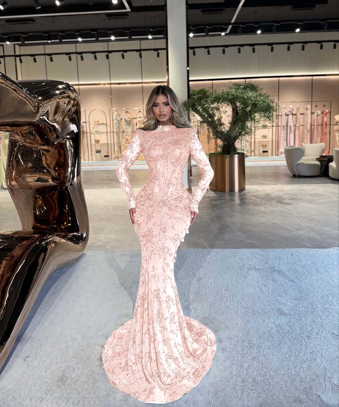 High Neck Long Sleeves Long Mermaid Formal Dress With Beading Pleated