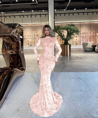 High Neck Long Sleeves Long Mermaid Formal Dress With Beading Pleated