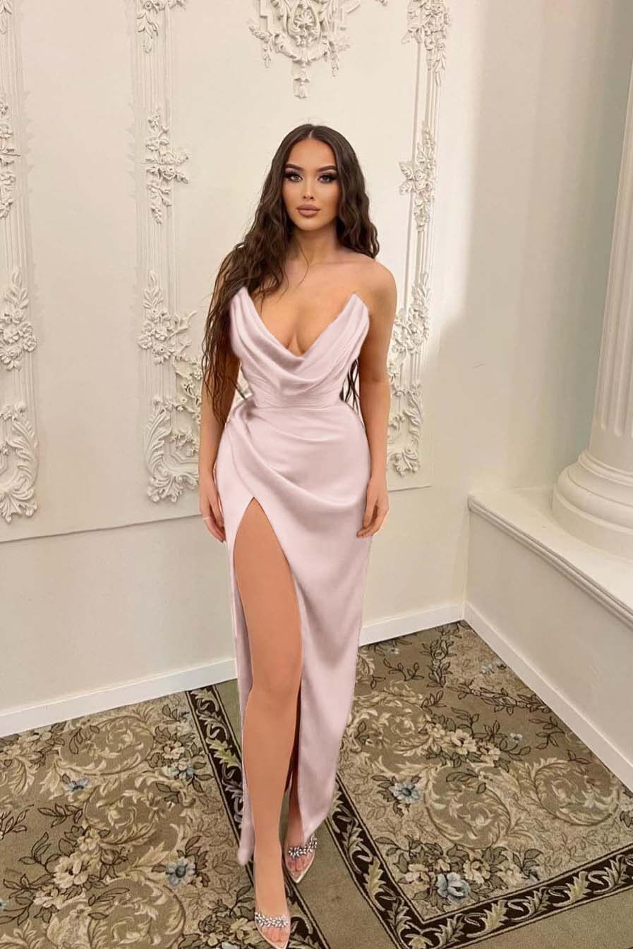 Sleeveless Strapless Long Mermaid Split Formal Dress With Pleated