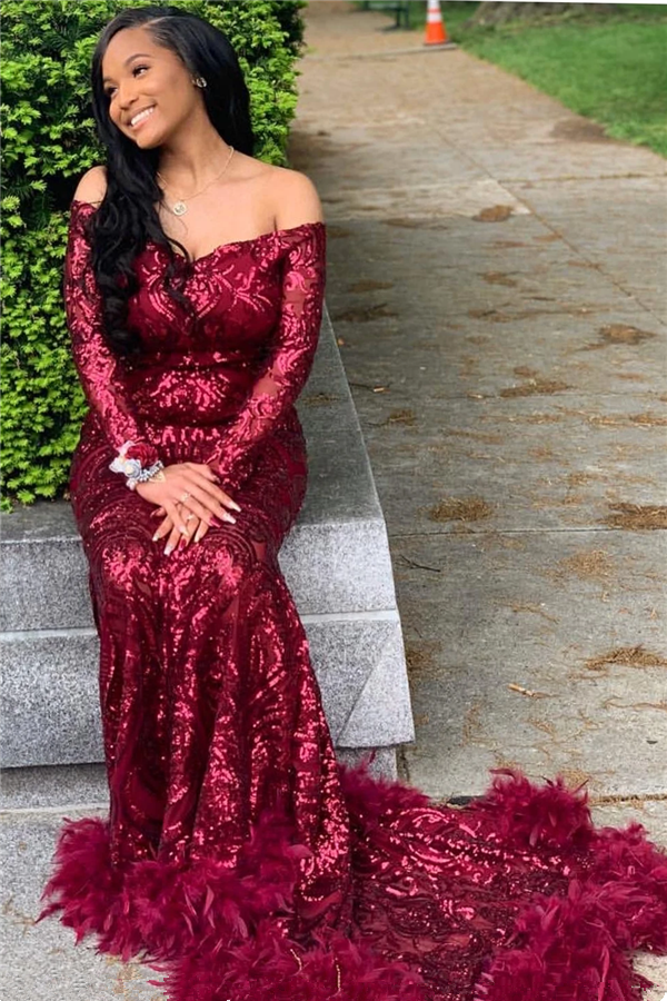 Long Sleeves Strapless Mermaid Formal Dress Sequins Burgundy With Feather