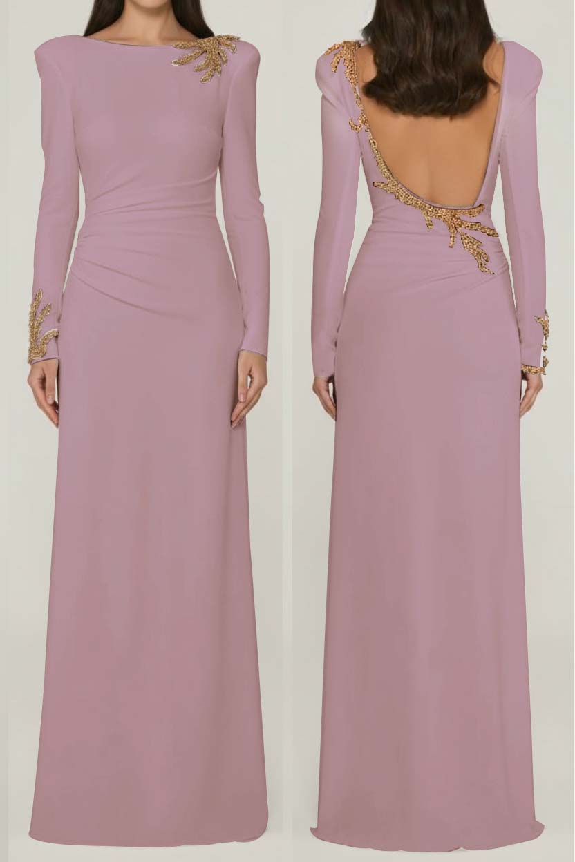 Long Sleeves Long Backless Formal Dress With Appliques Pleated