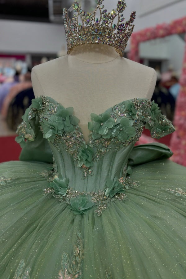 Misshow Mint Green Sequined Ball Gown Off-Shoulder Sleeveless Tulle Dress with 3D Flower Appliques & Bow Detail for Quinceanera Sweet 16 or Birthday Parties