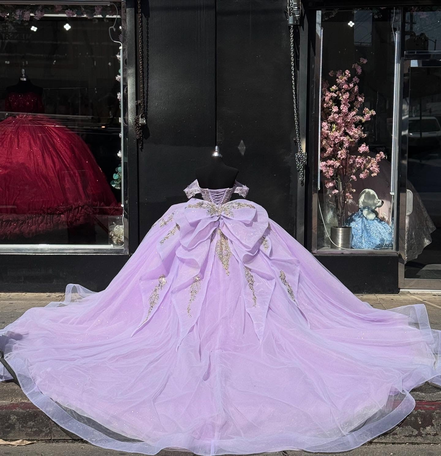 Misshow Gold-Sequined Lilac Ball Gown Off-Shoulder Sparkly Tulle Quinceanera & Sweet 16 Party Dress