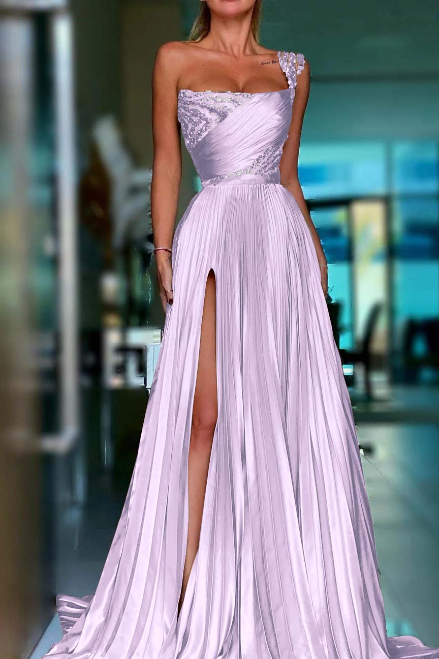 One Shoulder Sleeveless Long Formal Dress With High Split Sequins