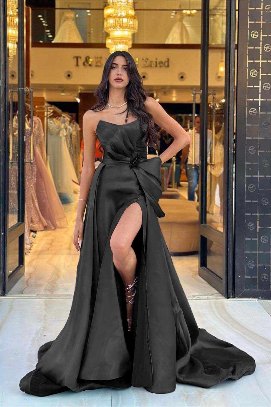 Chic Navy Blue Strapless Sleeveless Long Split Formal Dress With Bowknot
