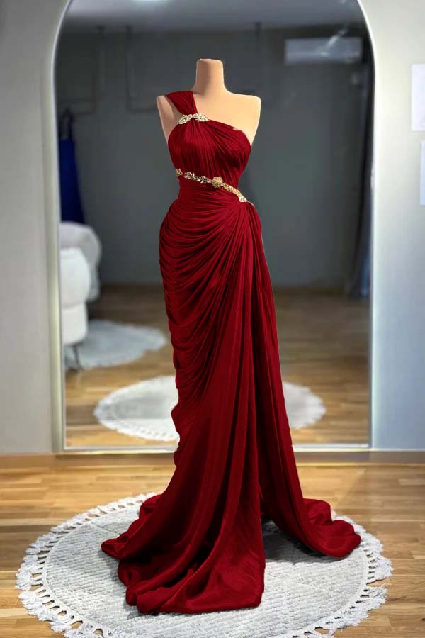 One Shoulder Sleeveless Long Mermaid Formal Dress With Pleated