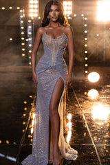 Sexy High Split Mermaid Beaded Strapless Formal Dress Sequins Tulle