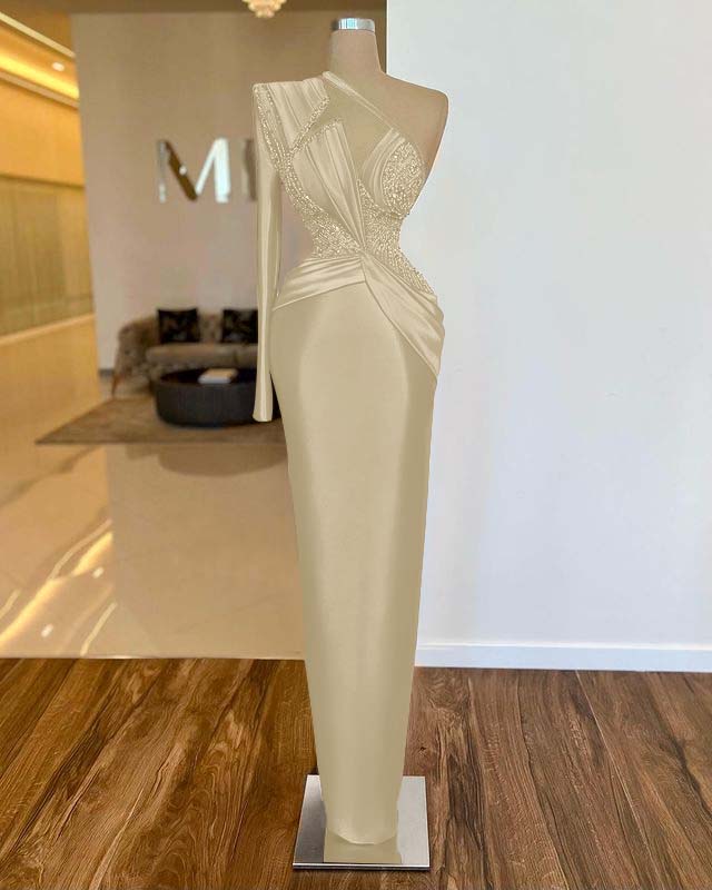 Long Sleeve One Shoulder Long Formal Dress With Pleated Appliques