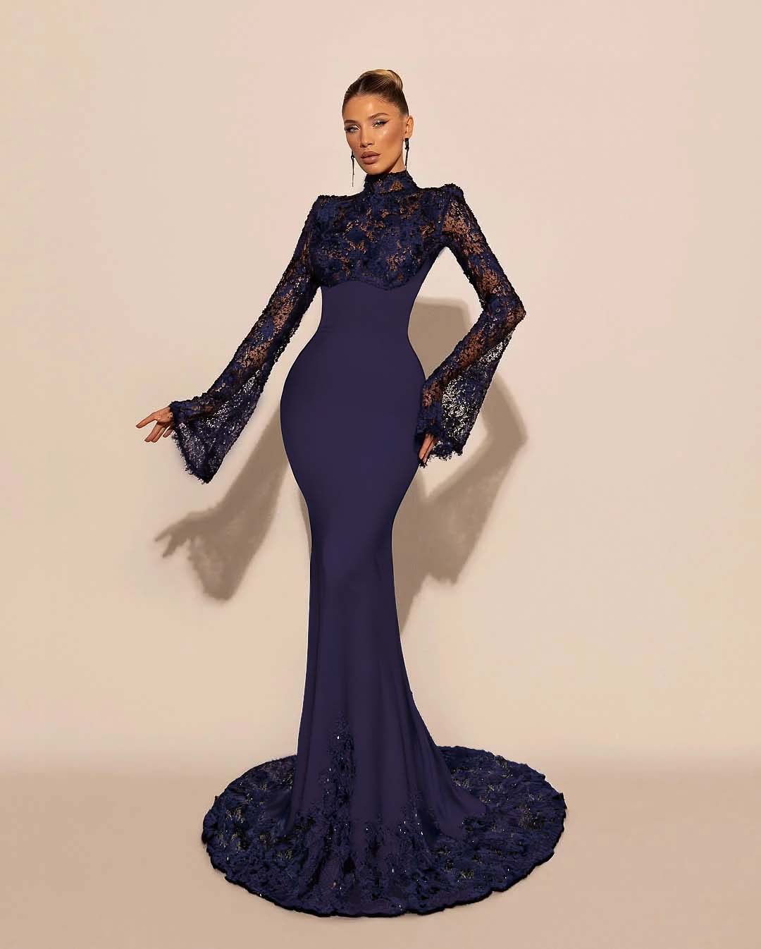 High Neck Lace Long Sleeves Long Mermaid Formal Dress With Pleated