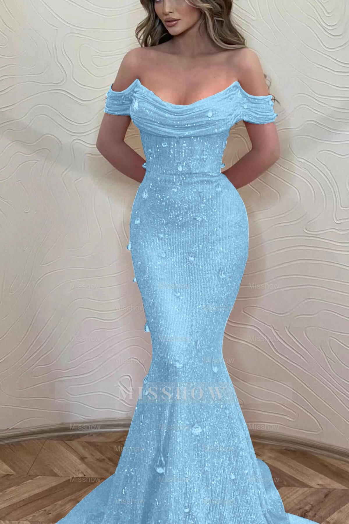 Orange Off the Shoulder Strapless Sleeveless Formal Dress With Sequins Mermaid