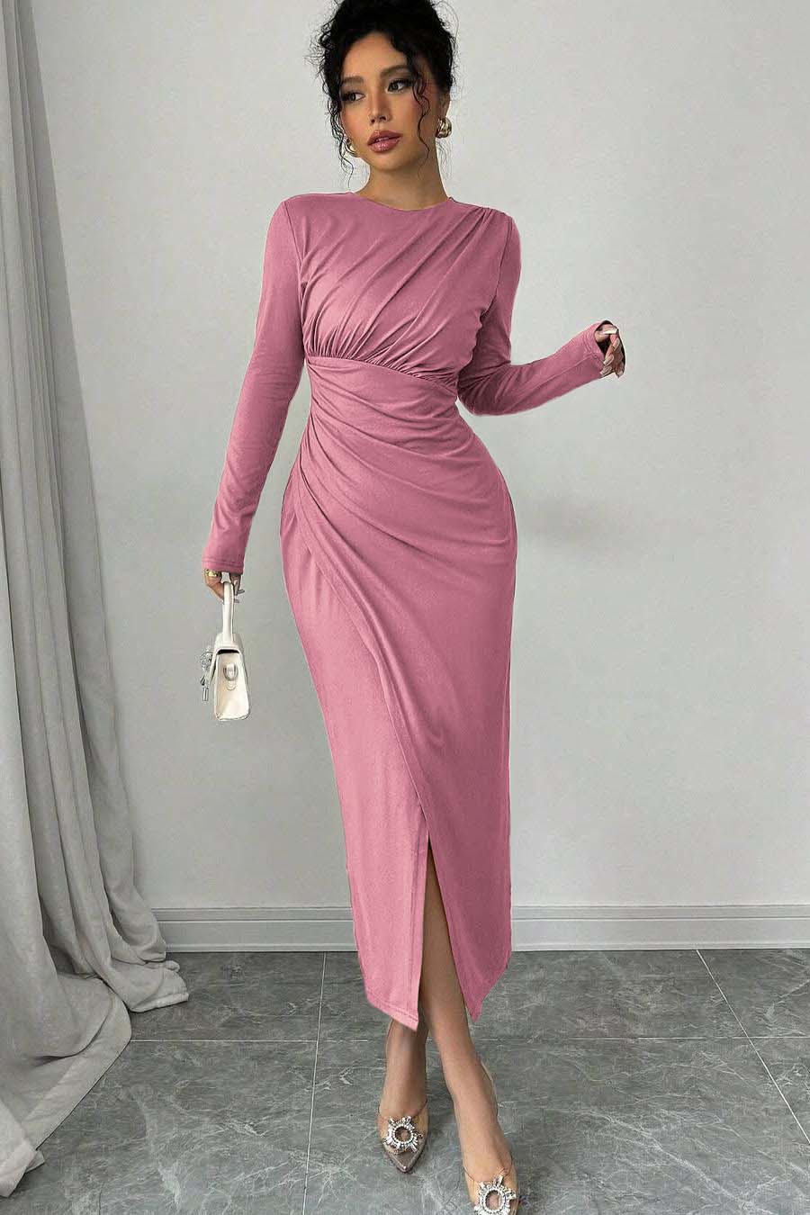 Long Sleeves Jewel Neck Tea Length Formal Dress With Split Pleated