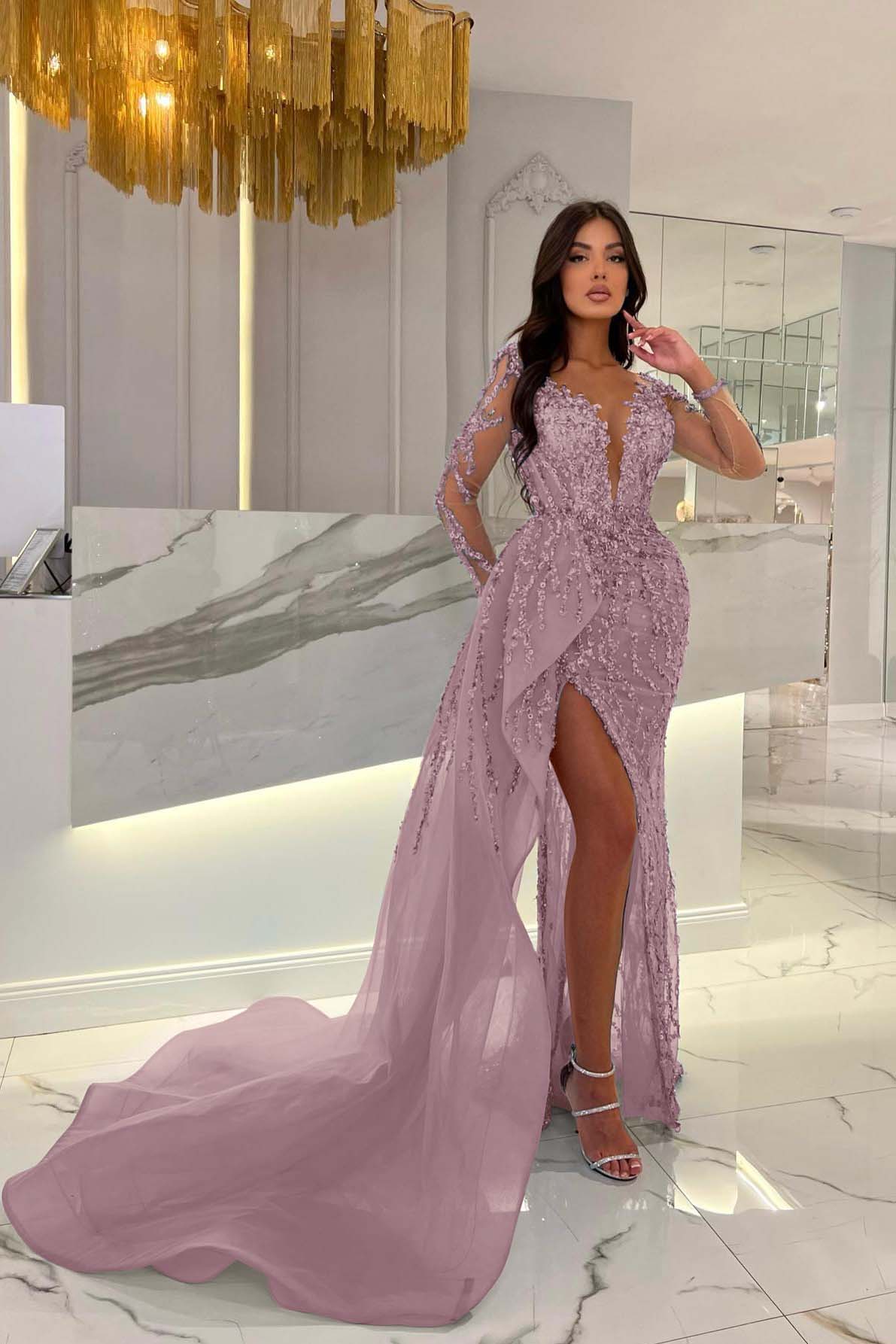 Shiny Blue Split Long Sleeves Mermaid Beaded Formal Dress Appliques Tulle