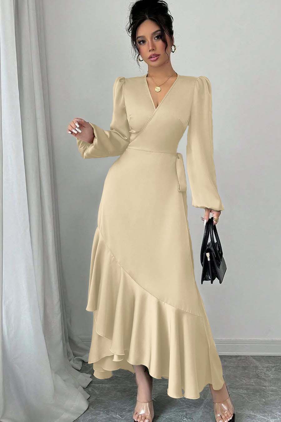 Shinning Long Sleeves V Neck Long Formal Dress With Ruffles Pleated