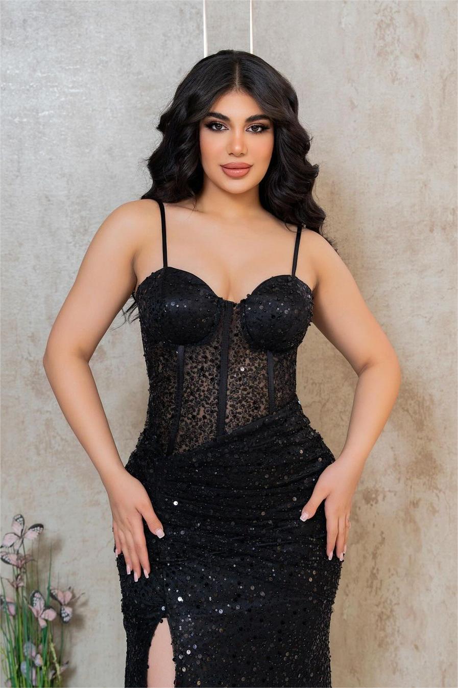 Black Sequins Spaghetti Strap Sweetheart Sleeveless Long Formal Dress With Split