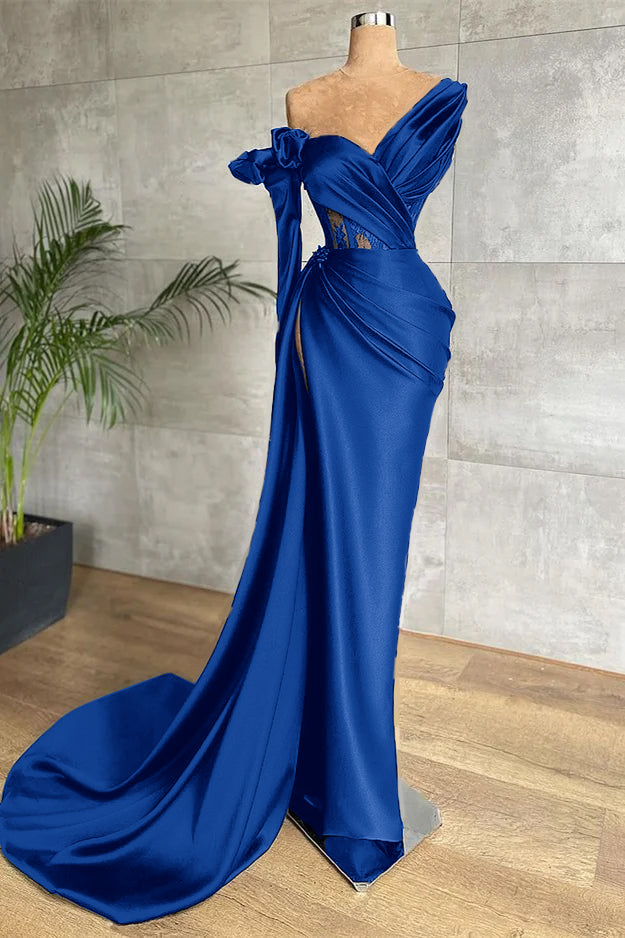 Black One Shoulder Long Sleeve Lace Pleated Long Formal Dress With Side Split