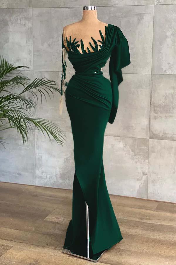 Green Long Sleeves Mermaid Side Split Formal Dress With Appliques